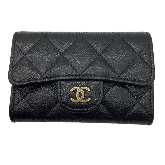 CHANEL BLACK / GOLD CC LOGO SMALL QUILTED CAVIAR LEATHER WALLET - Picture 1 of 15